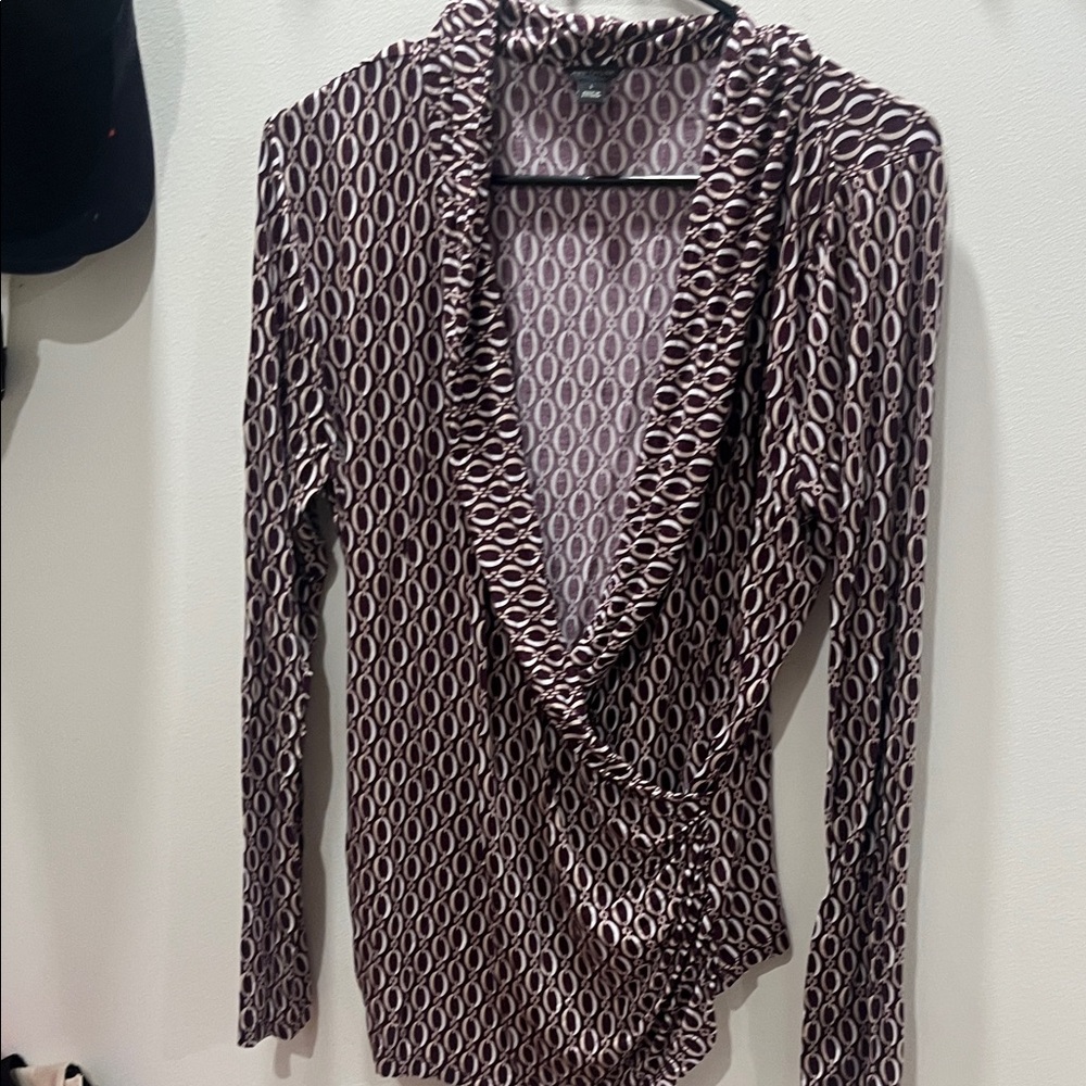 Ann Taylor Burgundy and White Geometric Top